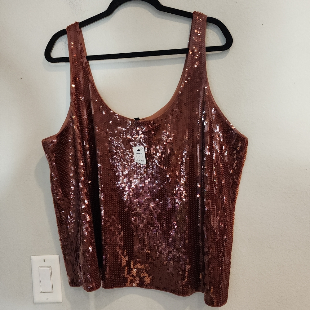 NWT Express Brown Sequin Tank Top Sleeveless Shirt Size XL Stretchy
